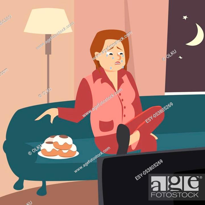 crying woman watching tv at home and eating cookies - funny vector cartoon  illustration, Stock Vector, Vector And Low Budget Royalty Free Image. Pic.  ESY-053805269 | agefotostock