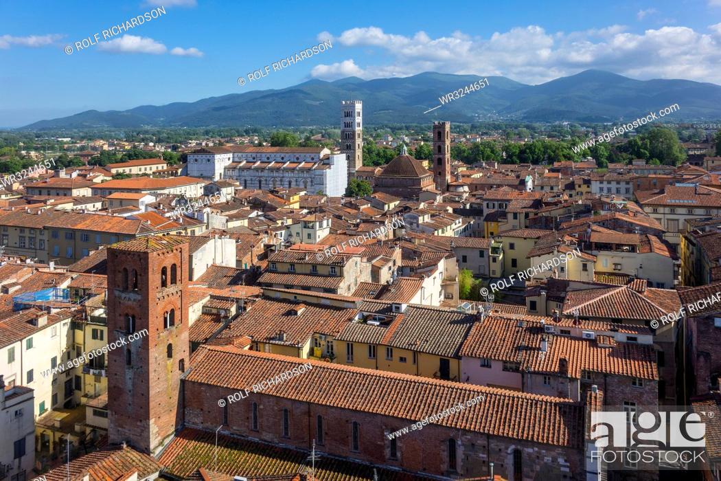 Stock Photo: Aerial view of Lucca, Tuscany, Italy, Europe.