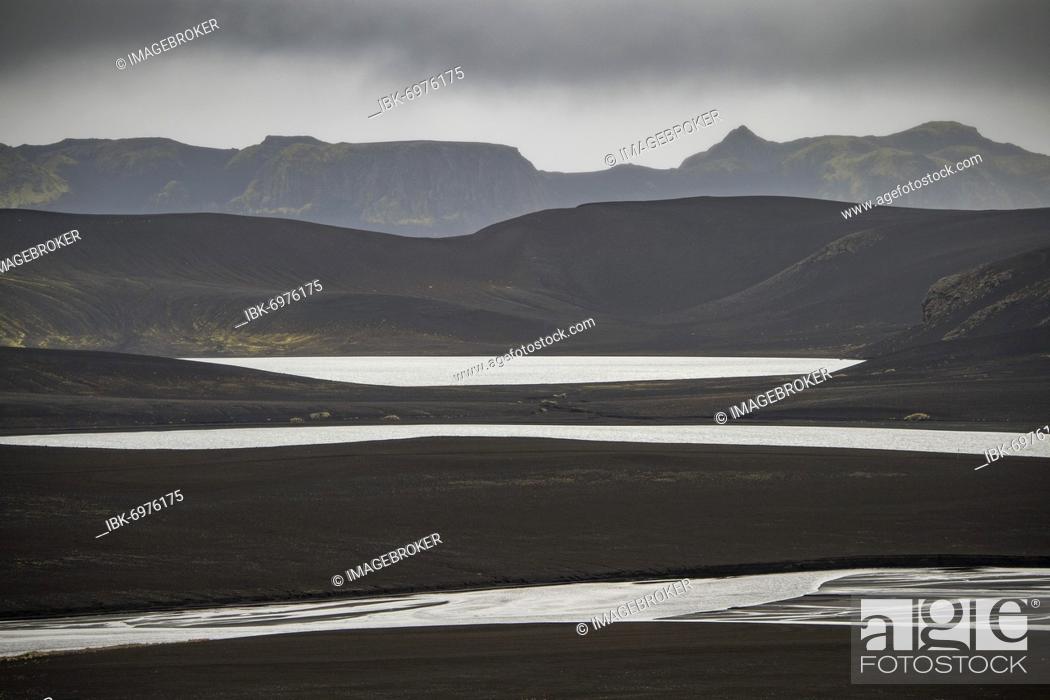Stock Photo: River and lakes in black lava desert, Tungnaá, Icelandic highlands, Suðurland, Iceland, Europe.