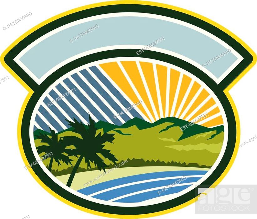 Stock Vector: Illustration of tropical trees, mountains and sea coast set inside oval shape with sunburst in the background done in retro style.