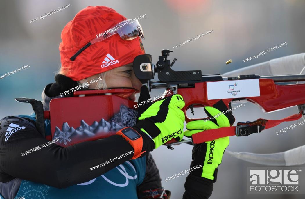Stock Photo: German biathlete Maren Hammerschmidt at the shooting range during biathlon training in the Alpensia Biathlon Centre in Pyeongchang, South Korea.