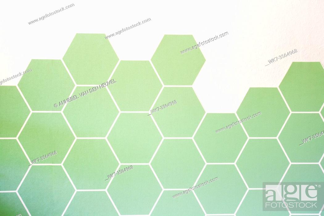 Stock Photo: Retro modern green Hexagon tiled wall with half white wall, modern background texture, new interior beauty.