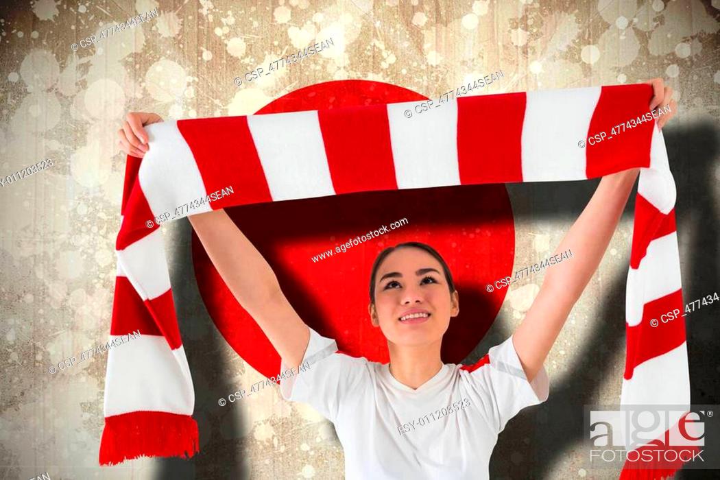 Stock Photo: Composite image of football fan waving red and white scarf.