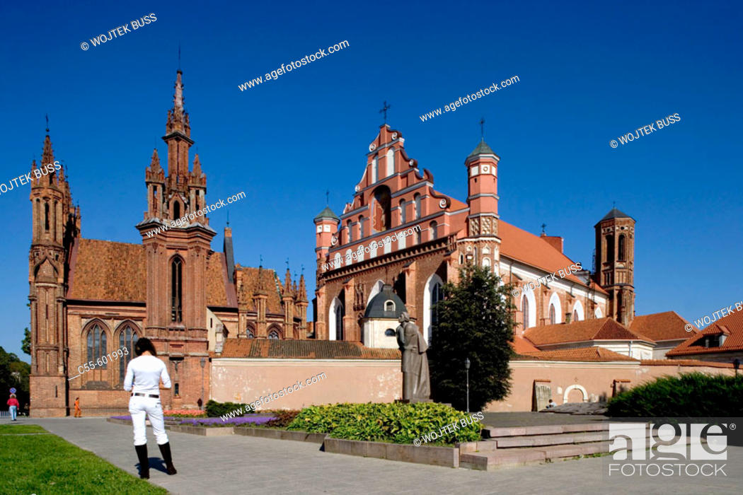 Stock Photo: St. Anne's church, Bernardins Church, Statue of Adam Mickiewicz. Vilnius. Lithuania.