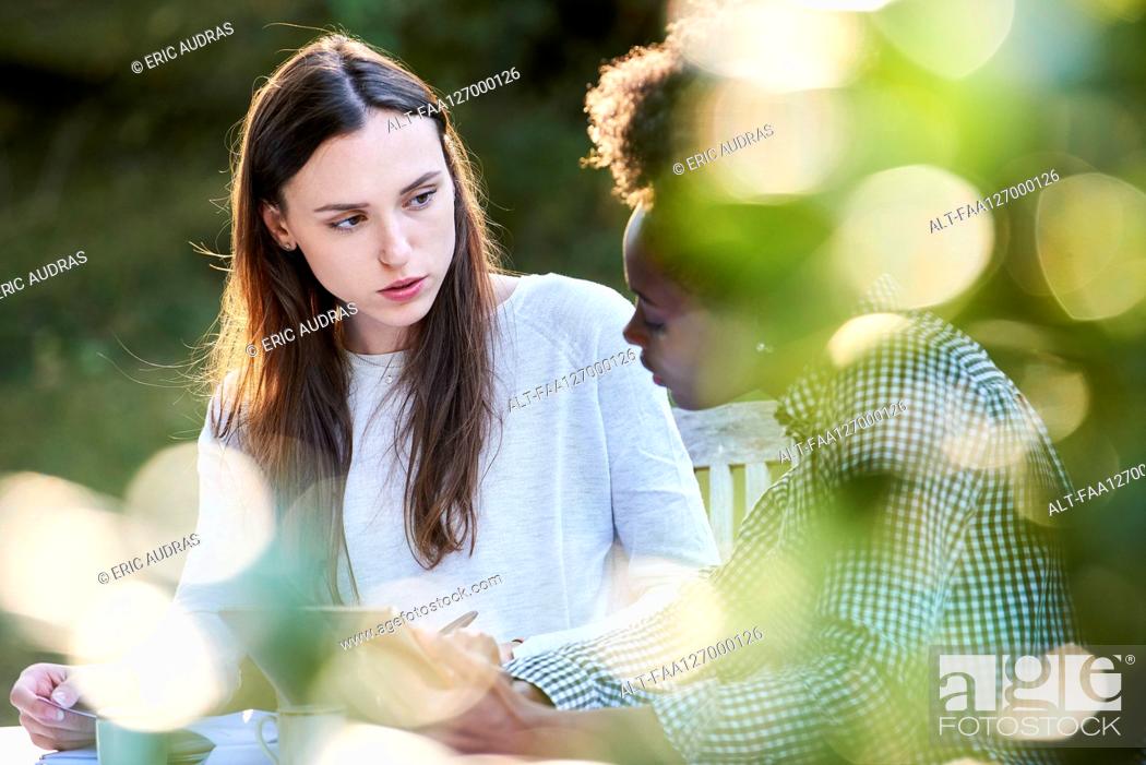 Photo de stock: Young female friends using digital tablet while studying in park.