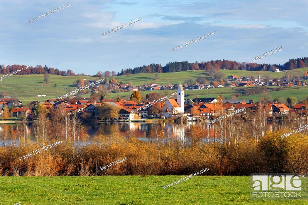 Imagen: Riegsee with village Riegsee and Aidling, Pfaffenwinkel, Upper Bavaria, Bavaria, Germany.
