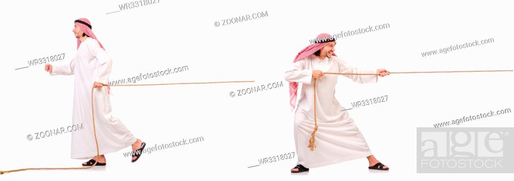 Photo de stock: Arab in tug of war concept on white.