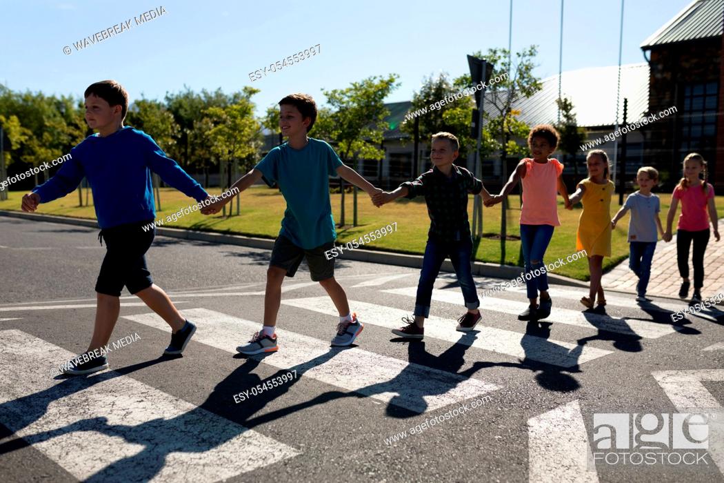 Stock Photo: Front view of a diverse group of elementary school pupils crossing an empty road together, half way across a pedestrian crossing, holding hands on a sunny day.