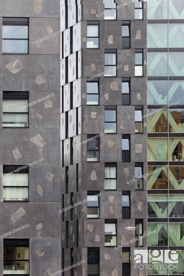 Stock Photo: Chasse Park Housing, Breda, Netherlands. Architect: OMA, 2001. Detail of apartment block facades, designed by Xaveer de Geyter Architects within masterplan by.