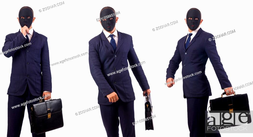 Stock Photo: Man with mask and briefcase isolated on white.