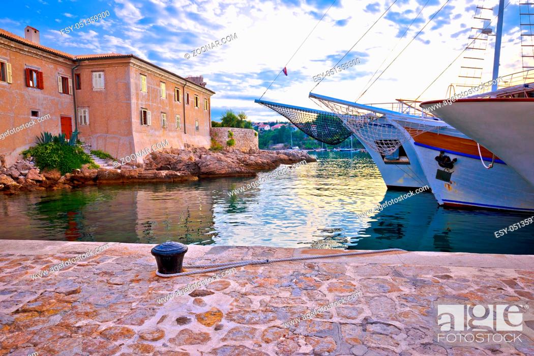 Stock Photo: Historic island town of Krk walls and waterfront mornng view, Kvarner bay archipelago of Croatia.