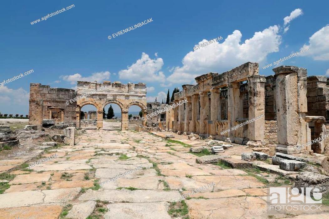 Stock Photo: Frontinus Gate and Street in Hierapolis Ancient City, Pamukkale, Turkey.