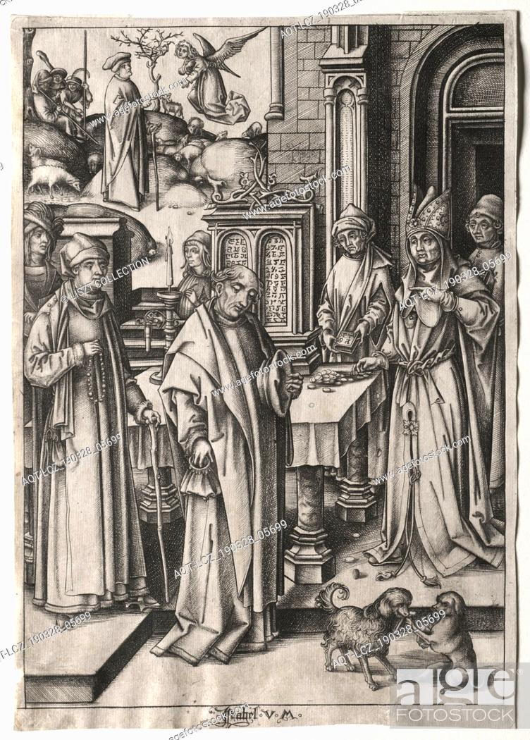 Stock Photo: High Priest Rejecting the Offering of Joachim. Israhel van Meckenem (German, c. 1440-1503). Engraving.