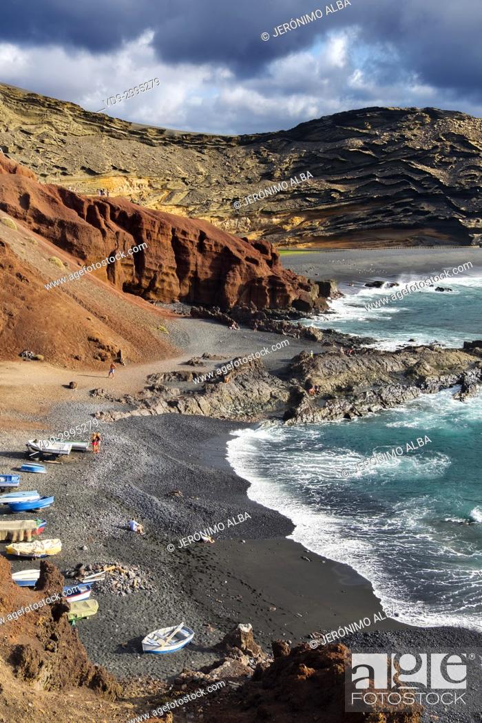 Stock Photo: Beach, El Golfo. Lanzarote Island. Canary Islands Spain. Europe.