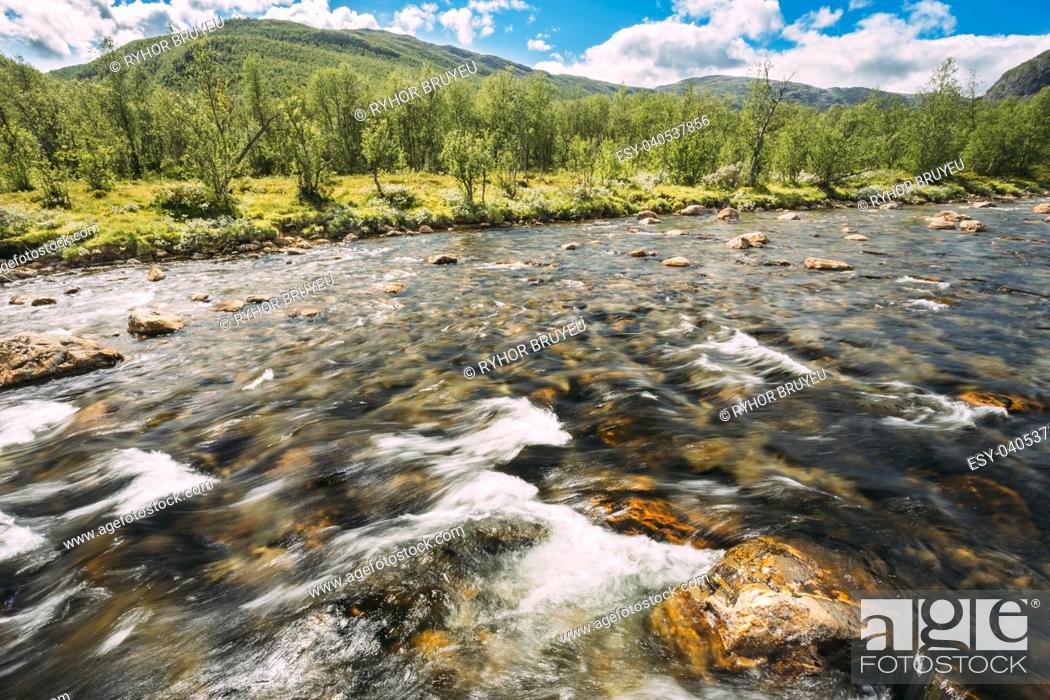 Stock Photo: Norway Nature River. Sunny Summer Day, Landscape With Mountain, Pure Cold Water River, Pond.