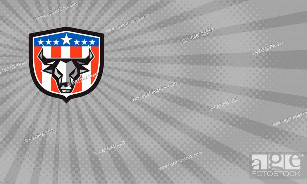 Stock Photo: Business card showing Low polygon style illustration of a bull cow head facing front set inside shield crest with usa american stars and stripes flag in the.
