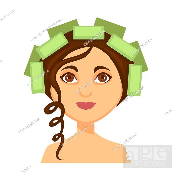 Young smiling woman, lady with hair rollers and one curly lock, beauty  routine themed cartoon, Stock Vector, Vector And Low Budget Royalty Free  Image. Pic. ESY-057688924 | agefotostock