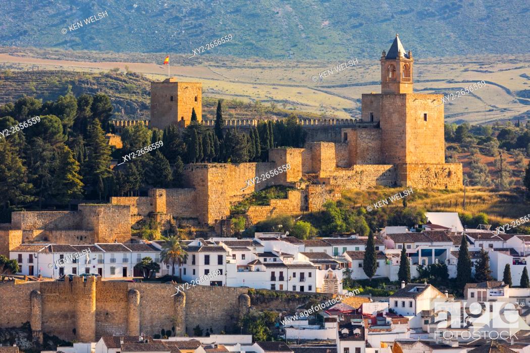 Stock Photo: Antequera, Malaga Province, Andalusia, southern Spain. View across the town from the Vera Cruz hill to La Alcazaba (citadel or castle).
