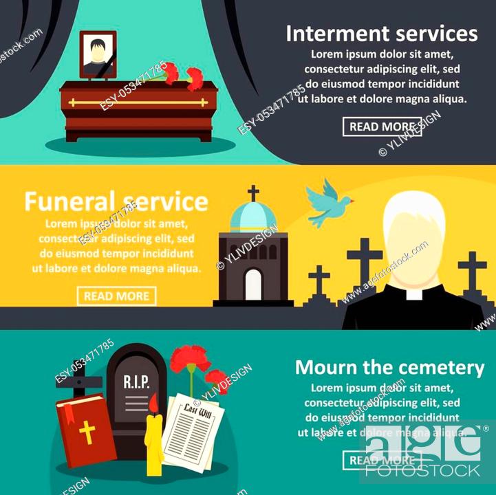 Stock Vector: Funeral service banner horizontal concept set. Flat illustration of 3 funeral service vector banner horizontal concepts for web.