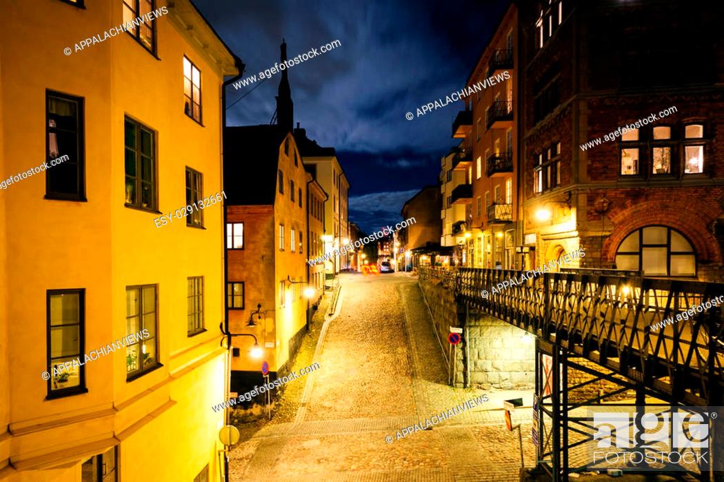 Stock Photo: View of Bellmansgatan at night, in Södermalm, Stockholm, Sweden.