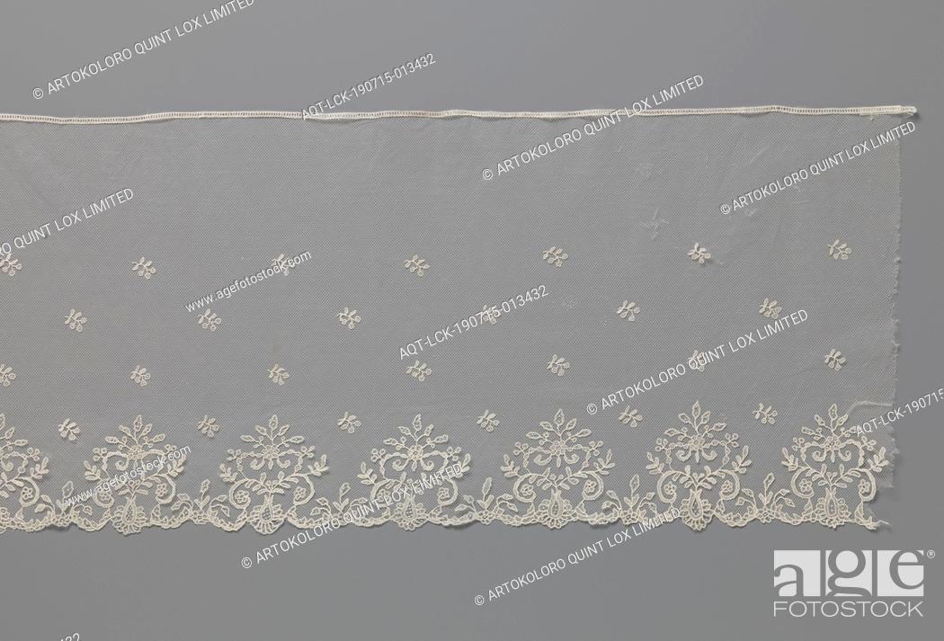 Stock Photo: Strip of application lace with rosette flowers in symmetrical leaves, Strip of natural-colored Brussels application lace: needle lace appliqué on machine tulle.