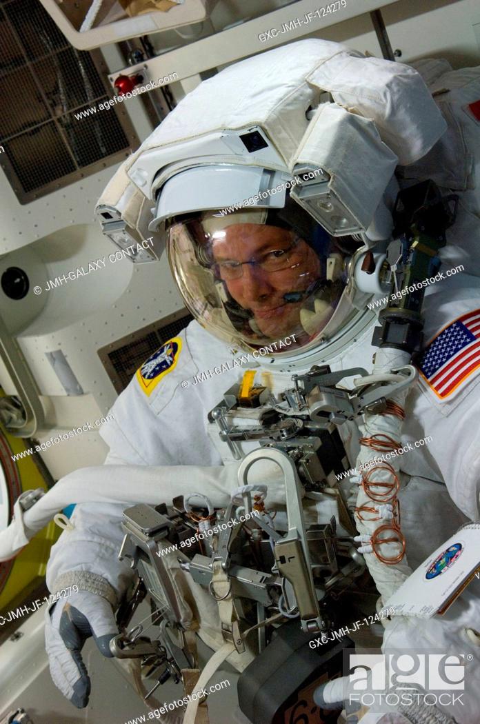 Stock Photo: NASA astronaut Doug Wheelock, Expedition 24 flight engineer, attired in his Extravehicular Mobility Unit (EMU) spacesuit.