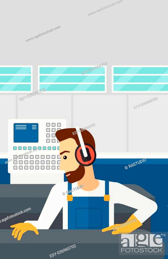 Stock Vector: A hipster man with the beard working on a steel-rolling mill at factory workshop background vector flat design illustration. Vertical layout.