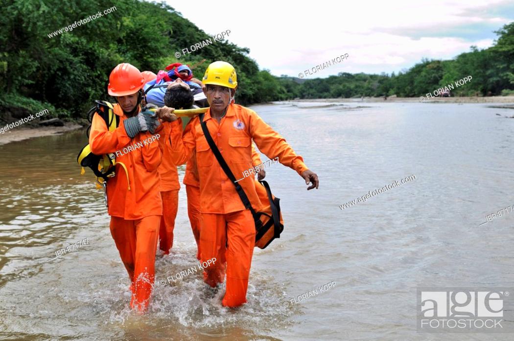 Stock Photo: Disaster prevention training in a hurricane area, evacuation of the injured, Somotillo, Chinandega, Nicaragua, Central America.