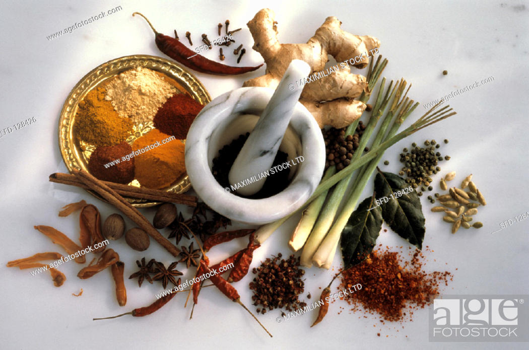 Stock Photo: Several Exotic Spices, Marble Mortar and Pestle.