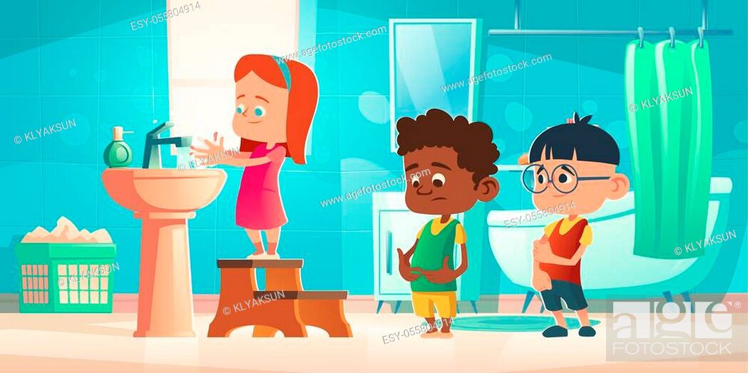 Kids wash hands in bathroom. Children personal hygiene concept, Stock  Vector, Vector And Low Budget Royalty Free Image. Pic. ESY-055804914 |  agefotostock