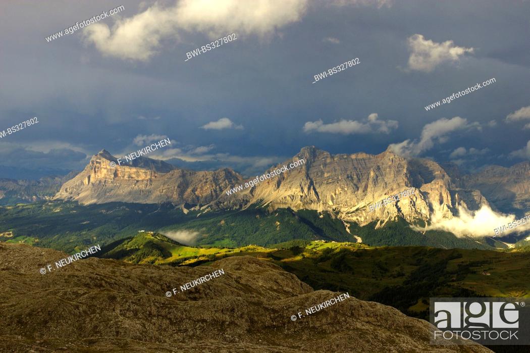 Stock Photo: view from Sella group to Fanes group after thunderstorm in evening light, Italy, Dolomites.