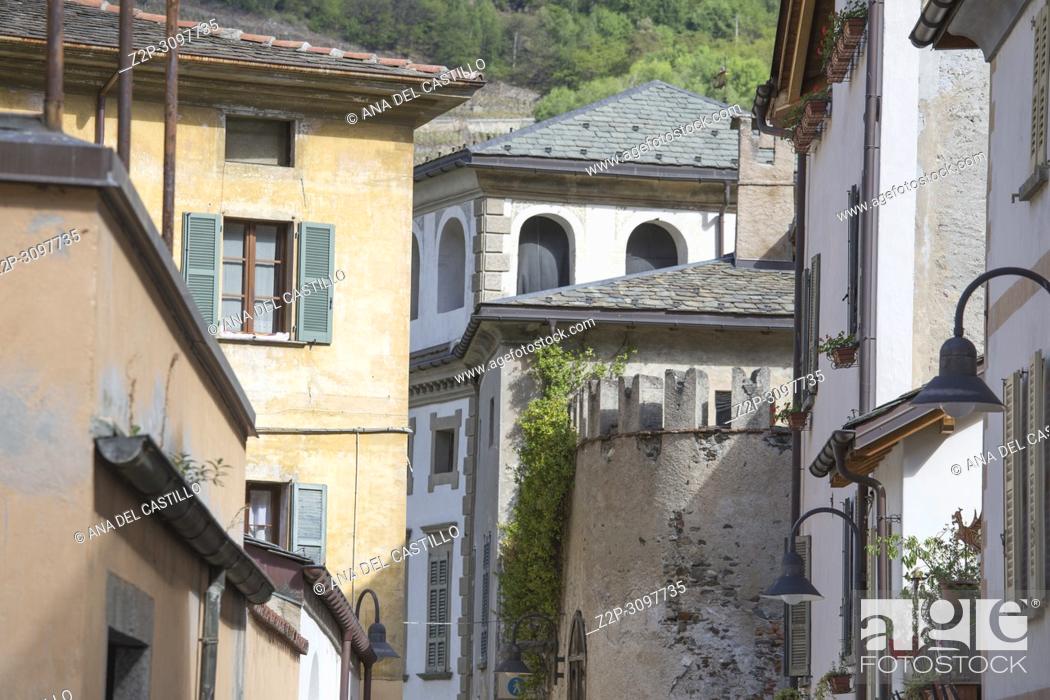 Stock Photo: Cityscape in the old town of Tirano Valletellina Italy on April 16, 2017.