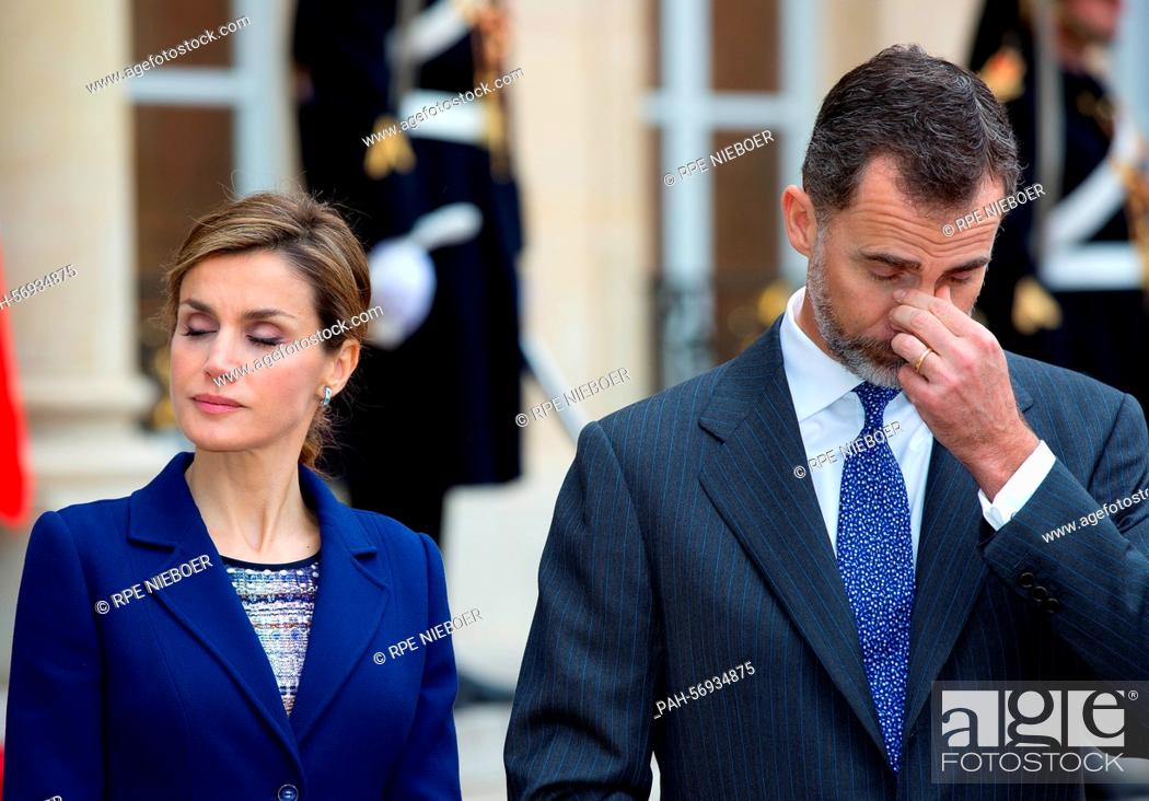 Stock Photo: Spanish King Felipe and Queen Letizia arrive at Elysee Palace in Paris, 24 March 2015, for a state visit to France. The royals cancelled their visit later.