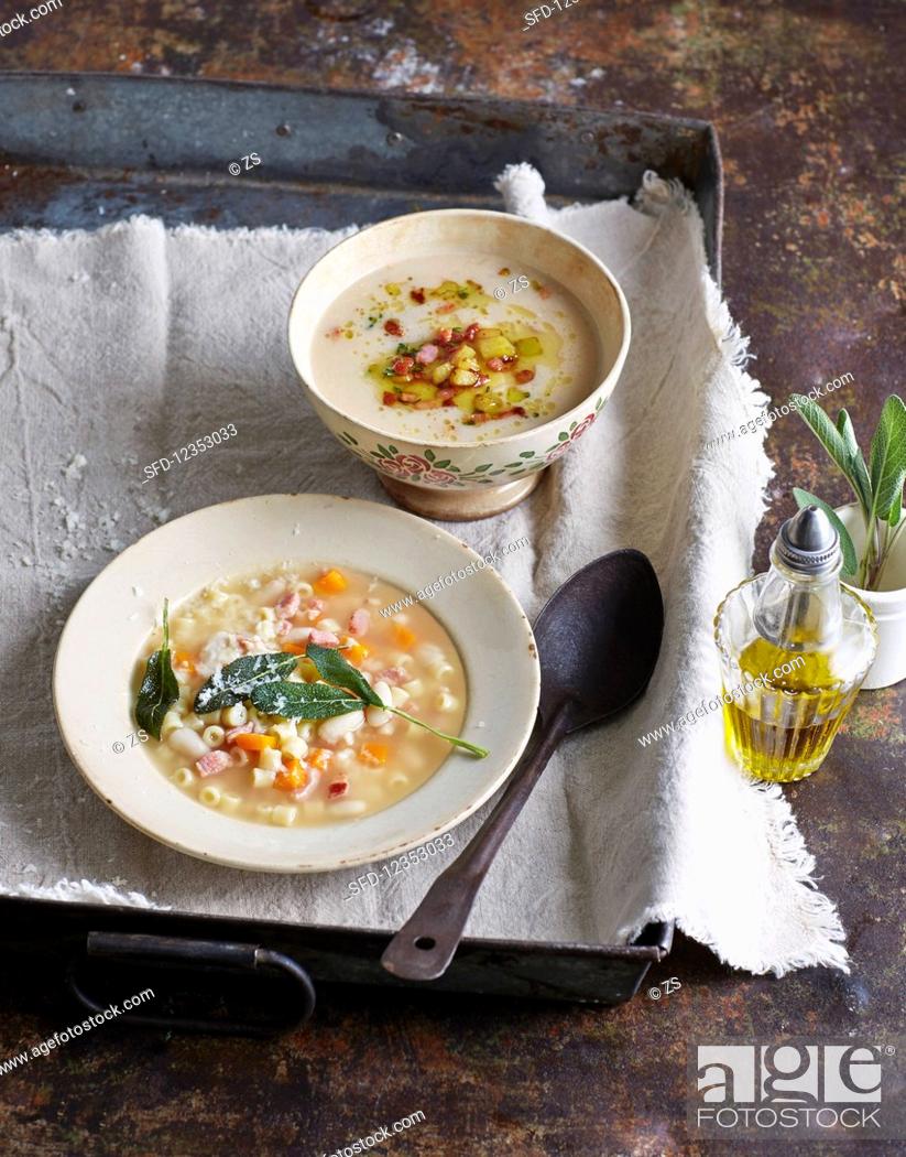 Stock Photo: Italian-style bean soup with crispy potatoes.