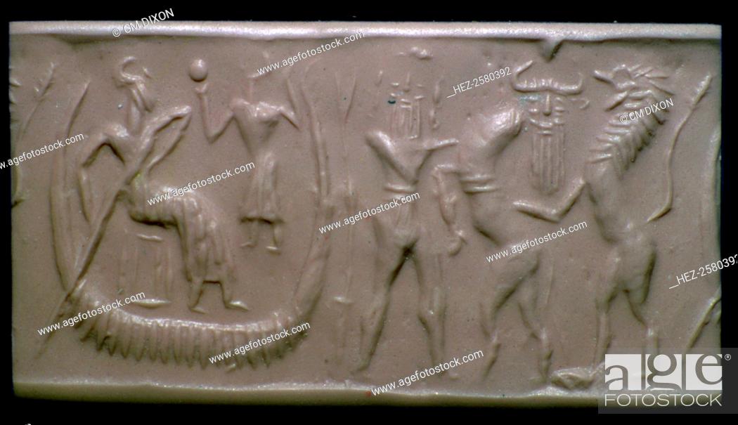 Stock Photo: Akkadian cylinder-seal impression showing the flood-epic. Utanapishtim is in the ark, and Gilgamesh is fighting the Bull.