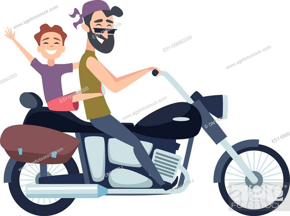 Biker on motorcycle. Father rolls son on scooter. Happy cartoon fathers  weekend vector illustration, Stock Vector, Vector And Low Budget Royalty  Free Image. Pic. ESY-058862320 | agefotostock