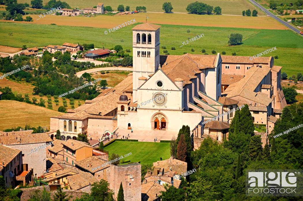 Stock Photo: Arial view of the Papal Basilica of St Francis of Assisi,  Basilica Papale di San Francesco  Assisi, Italy.