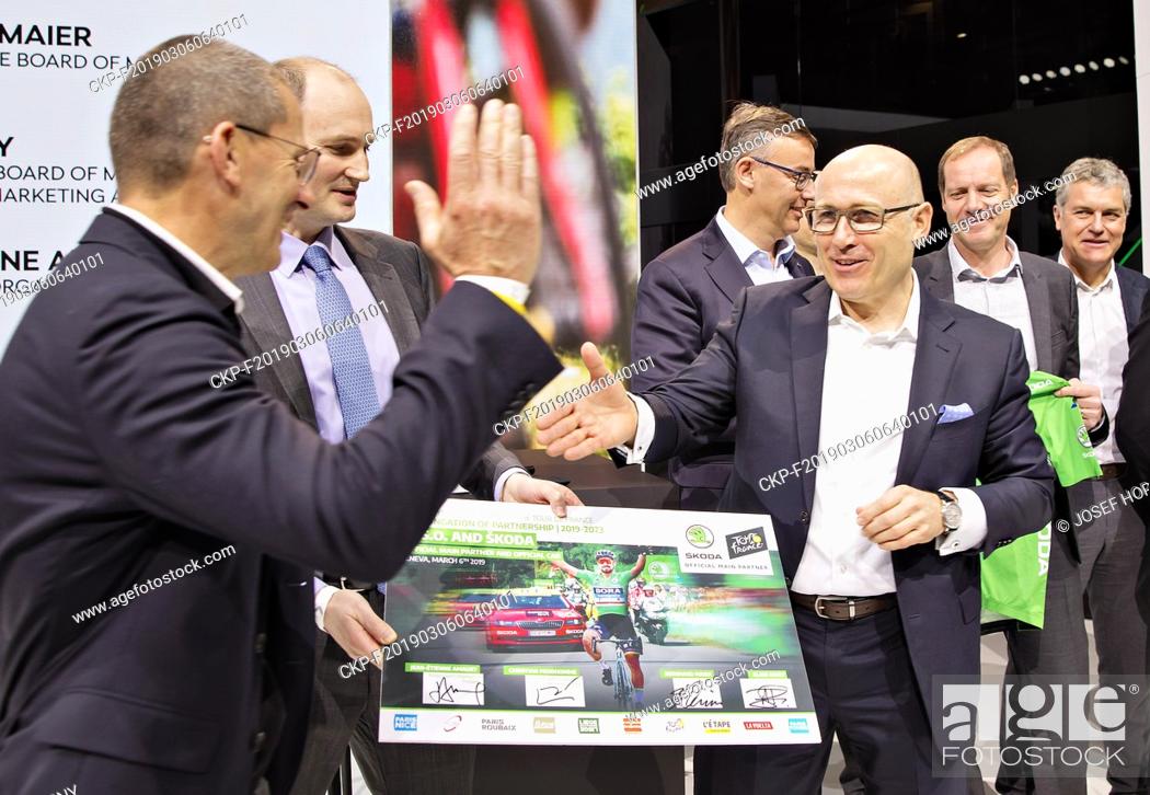 Stock Photo: Skoda Auto CEO Bernhard Maier (right) signed a sponsorship contract with Tour de France organiser A.S.O. up to 2023 during the 2019 Geneva International Motor.