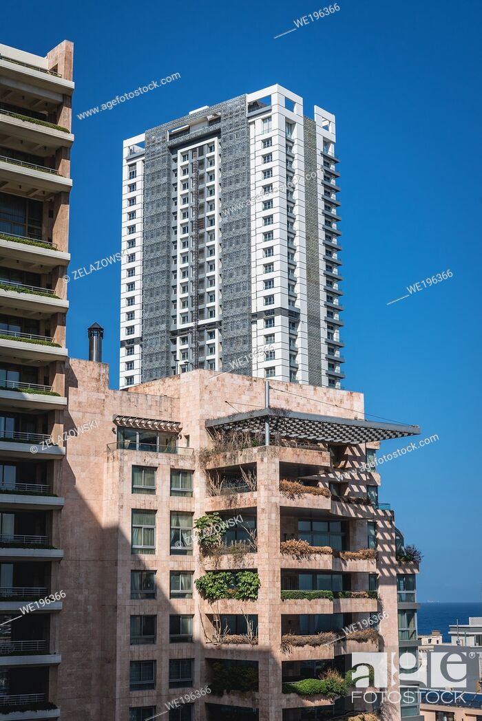Stock Photo: Residential buildings in Minet El Hosn district of Beirut, Lebanon, view with La Citadelle De Beyrouth building.