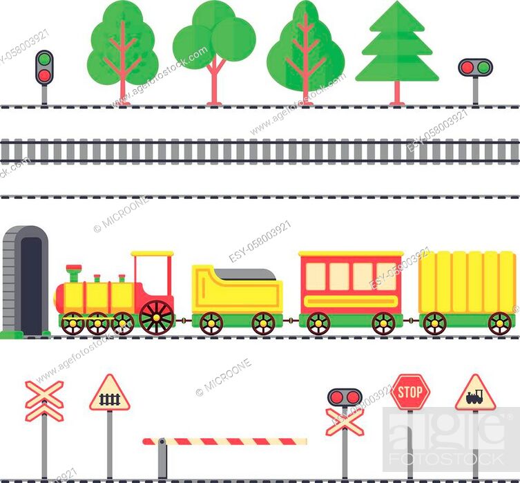 Cartoon toy passenger train, kids railroad, railway signs and semaphores,  Stock Vector, Vector And Low Budget Royalty Free Image. Pic. ESY-058003921  | agefotostock