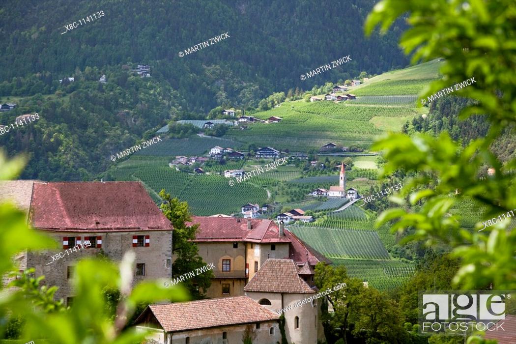 Stock Photo: Schenna Scena near Meran Merano, palace, castle with a view towards the village of tyrol  Schenna is one of the most popular destinations in South Tyrol  Europe.