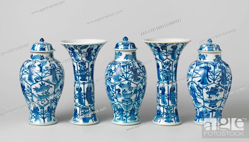 Stock Photo: Garniture with two beaker vases and three covered jars with Chinese ladies and flower pots in panels, Porcelain castel consisting of two cup vases and three lid.