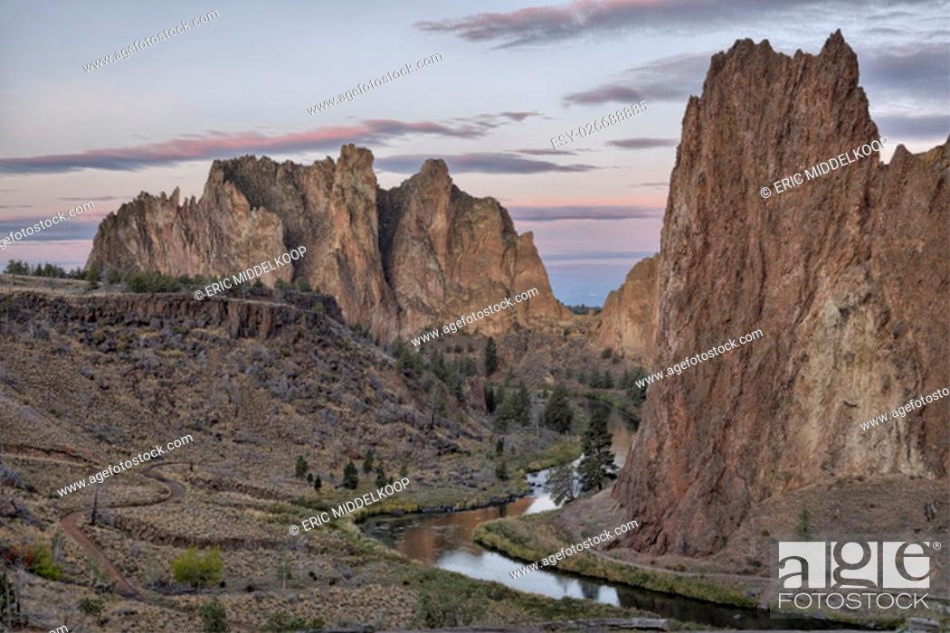 Stock Photo: The Smith Rock area is made up of layers of recent basalt flows overlaying older Clarno ash and tuff formations. Approximately 30 million years ago.