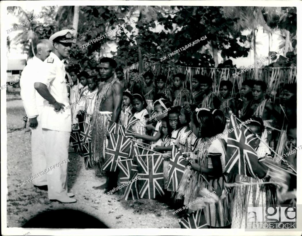 Stock Photo: 1972 - Duke of Edinburgh at Christmas Island: The Duke of Edinburgh with Mr. Percy Roberts the District Commissioner (left) talking with some of the Gilbertese.