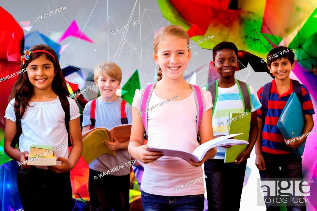 Stock Photo: Composite image of smiling little school kids in school corridor.