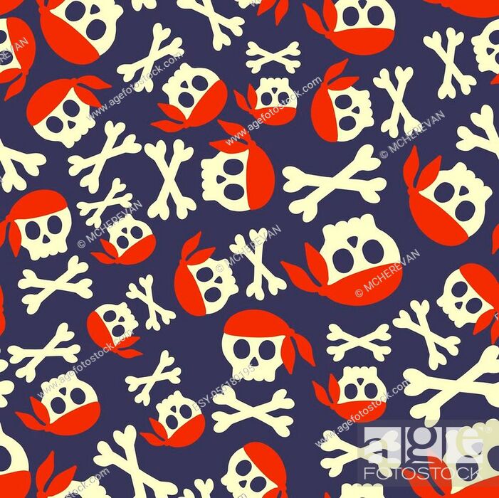 Stock Vector: Seamless pattern with skulls and crossbones in red pirate scarf jn dark background.