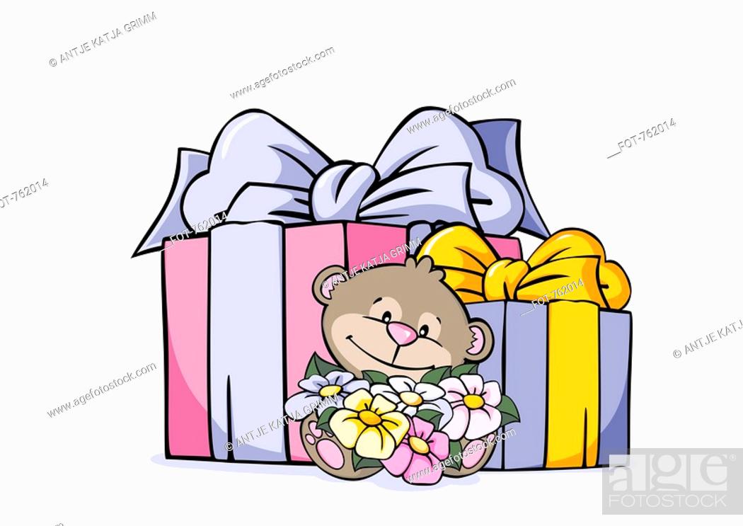 A cartoon bear sitting in front of presents, Stock Photo, Picture And  Royalty Free Image. Pic. FOT-762014 | agefotostock