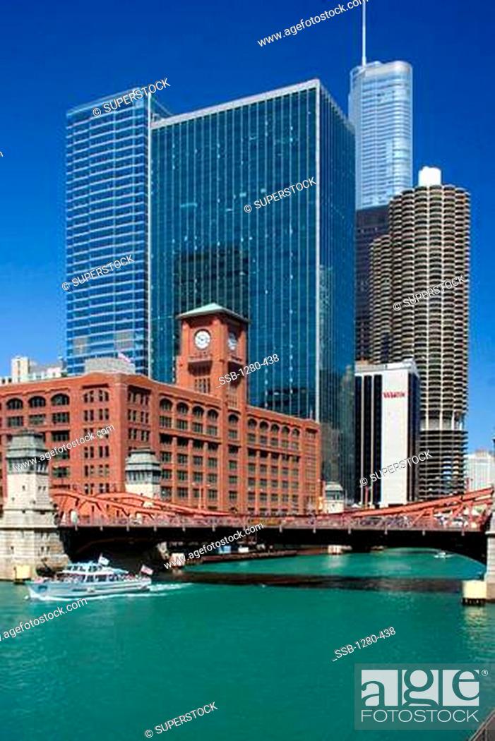 Stock Photo: Skyscrapers in a city, La Salle Street Bridge, Reid Murdoch Center, 321 North Clark, Trump International Hotel And Tower, Chicago River, Chicago, Illinois, USA.