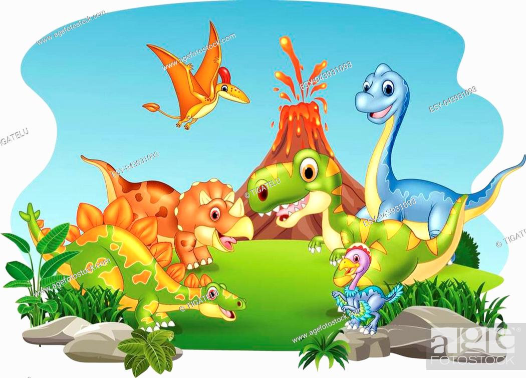 Stock Vector: Vector illustration of Cartoon happy dinosaurs in the jungle.