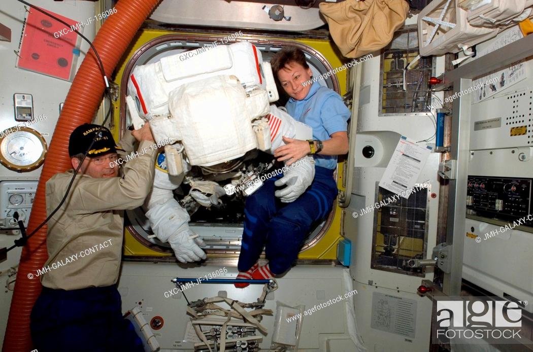 Stock Photo: Commanders of the STS-122 Atlantis crew and the International Space Station's expedition, respectively, astronauts Steve Frick and Peggy Whitson.